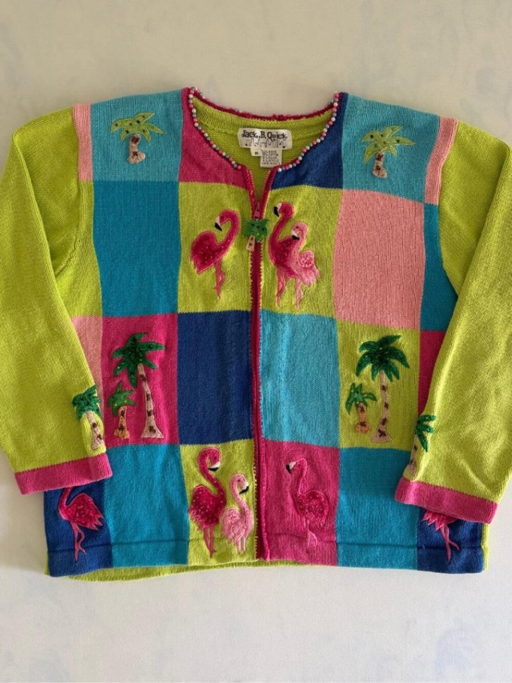 Jack B. Quick Colorful Flamingo Embroidered Beaded Full Zip Cardigan Sweater